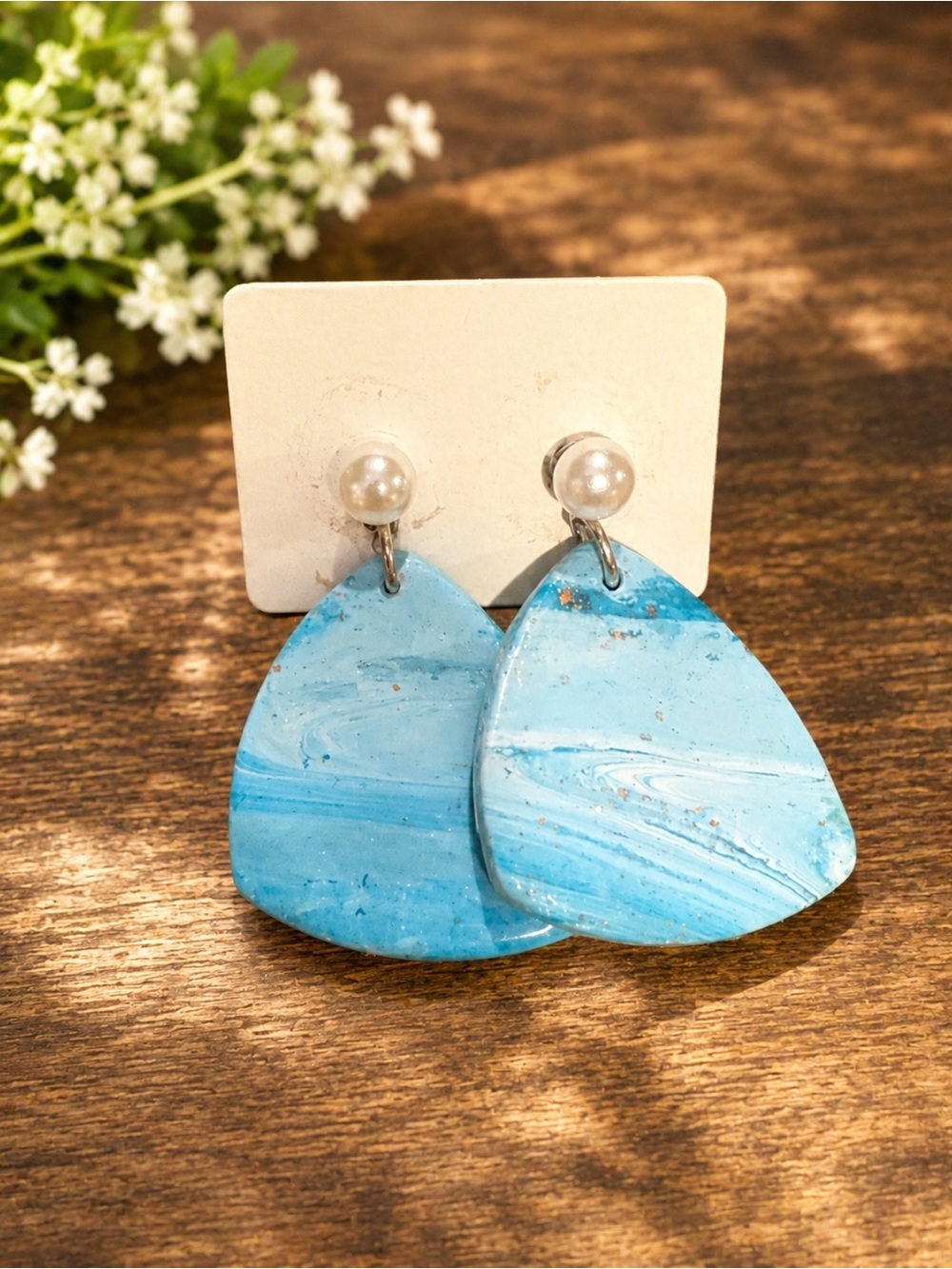 Pearl-Top Blue Marble Drop Earrings